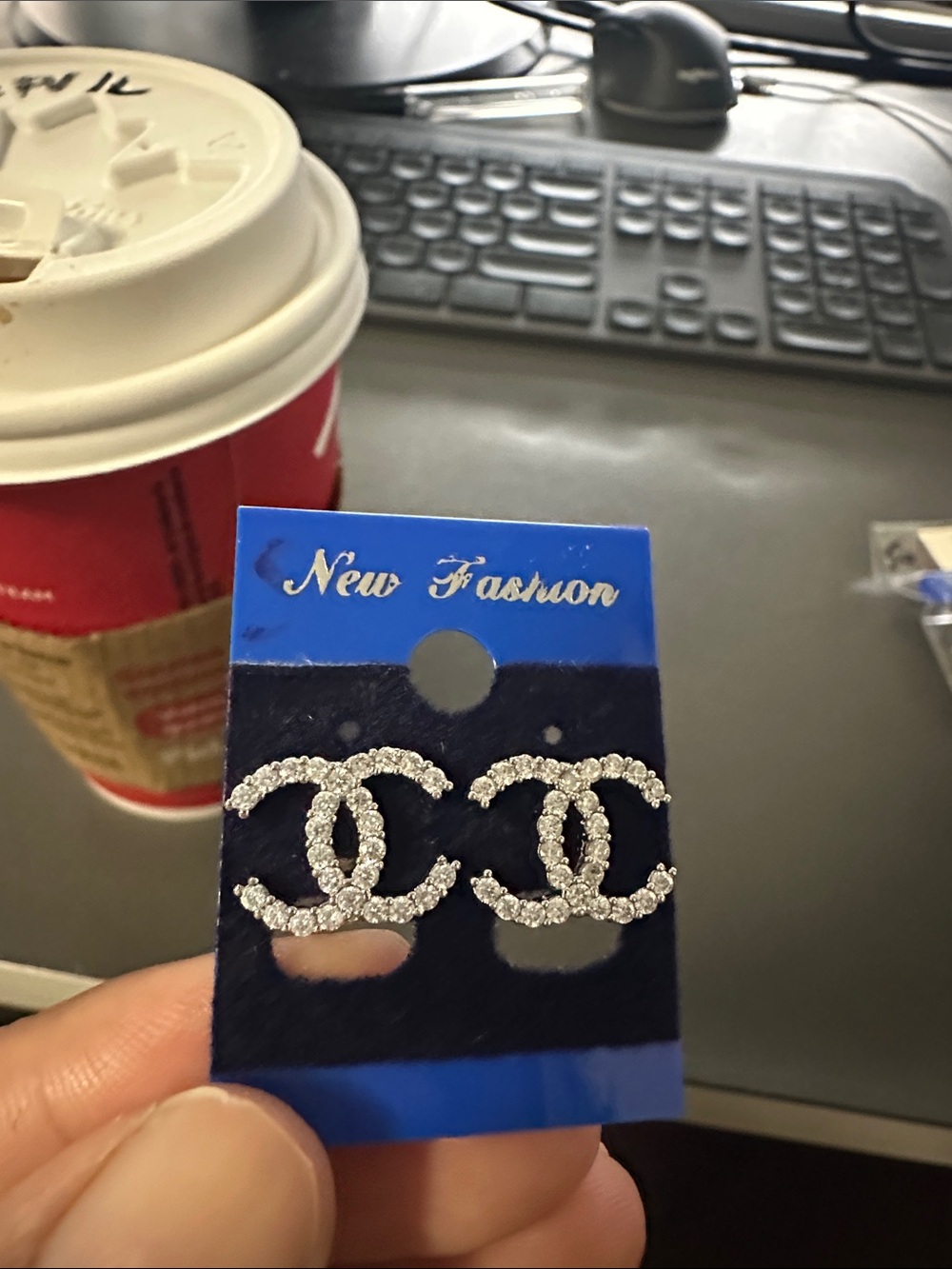 Silver Crystal Double-C Logo Stud Earrings